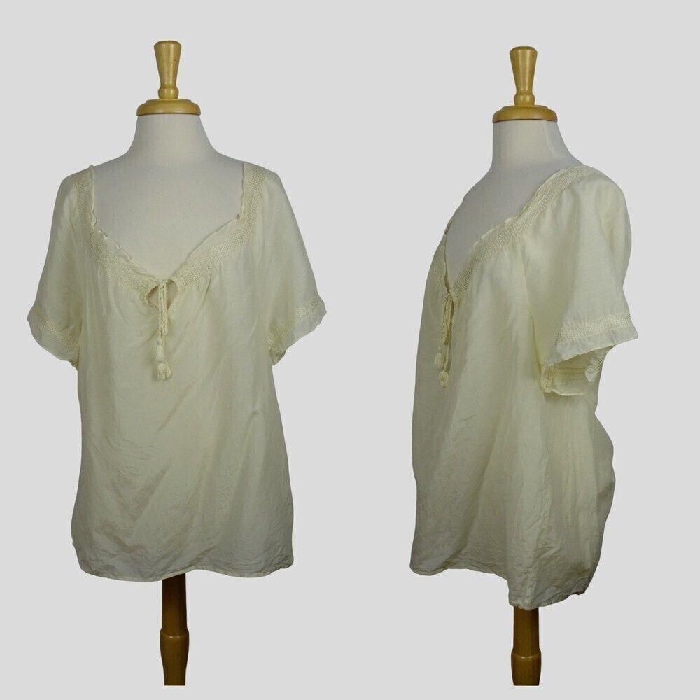 TOMMY BAHAMA Women's Top Silk Cotton Sheer Blouse Tunic Tassel Front Tie Size 10